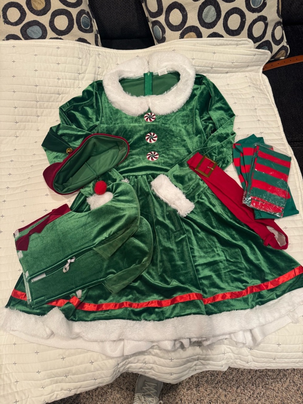 Amazon Green Velvet Christmas Elf Costume Dress with Red Trim